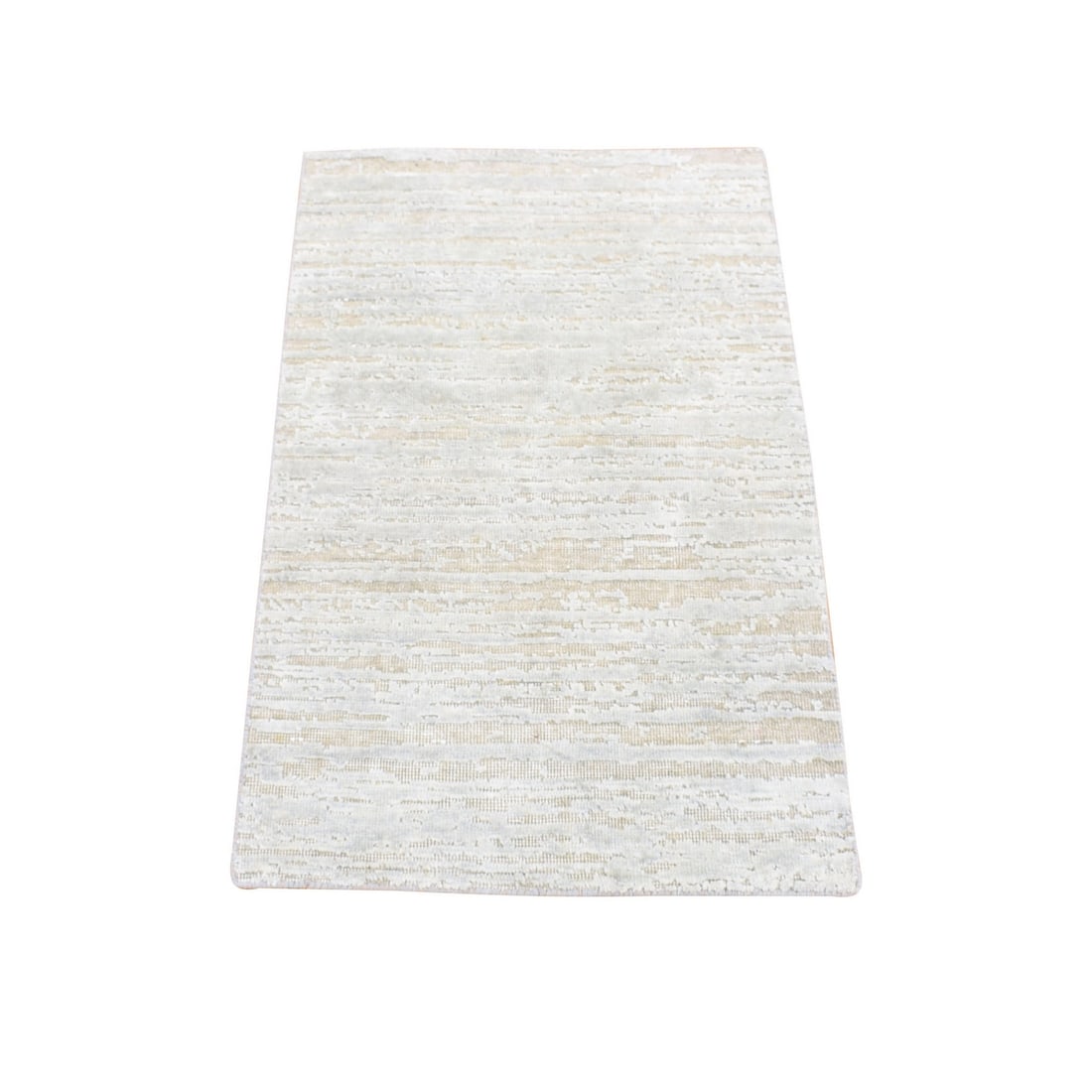 2'x3' Beige Silk with Textured Wool Modern Design Hand Knotted Mat Rug: 2'x3' Beige Silk with Textured Wool Modern Design Hand Knotted Mat Rug The modern design of this hand-knotted rug features a unique blend of beige silk and textured wool, creating a visually striking 