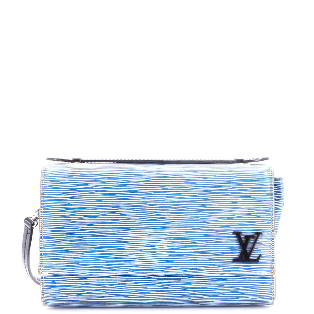 Clery Handbag Epi Leather Louis Vuitton: Clery Handbag Epi Leather Louis Vuitton Clery Handbag Epi Leather Louis Vuitton features a striking blue exterior with heavy edge wear, scuffs, and creases. The bag's interior is made of black fabric,