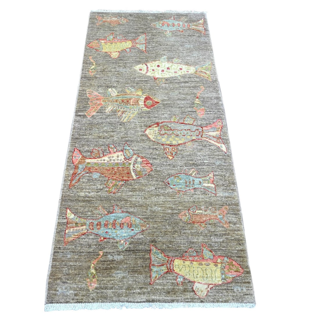 2'7"x5'10" Brown Wool Afghan Peshawar Fish Design Hand Knotted Runner Rug: 2'7"x5'10" Brown Wool Afghan Peshawar Fish Design Hand Knotted Runner Rug Brown wool Afghan Peshawar fish design hand knotted runner rug, measuring 2'7" x 5'10", features a unique oriental pattern wit