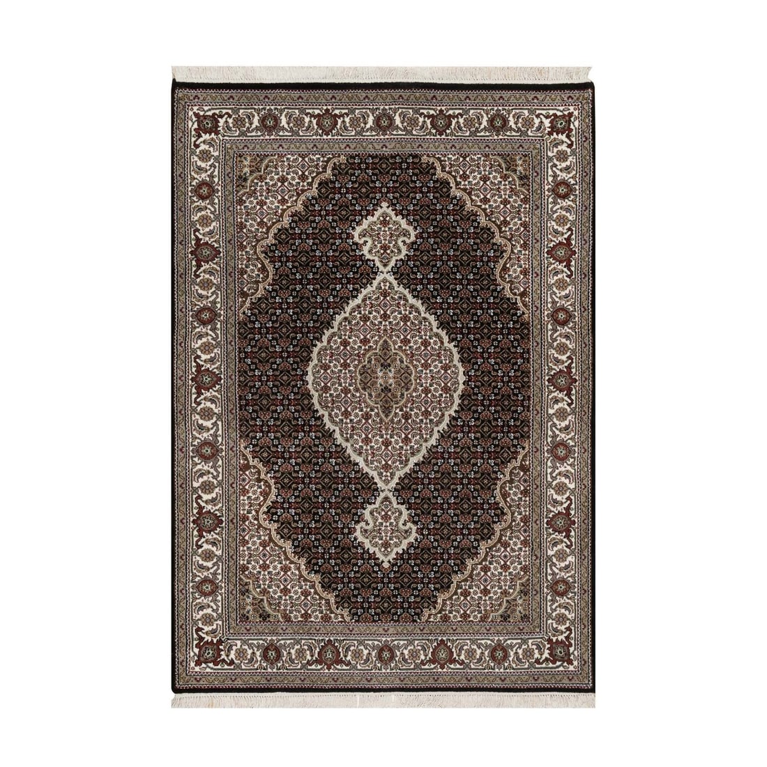 4'9"x6'9" Black Tebraz Mahi Fish Medallion Design Wool Hand Knotted Rug: 4'9"x6'9" Black Tebraz Mahi Fish Medallion Design Wool Hand Knotted Rug The Tebraz Mahi Fish Medallion Design Wool Hand Knotted Rug boasts an intricate medallion pattern in rich black hues, set agains
