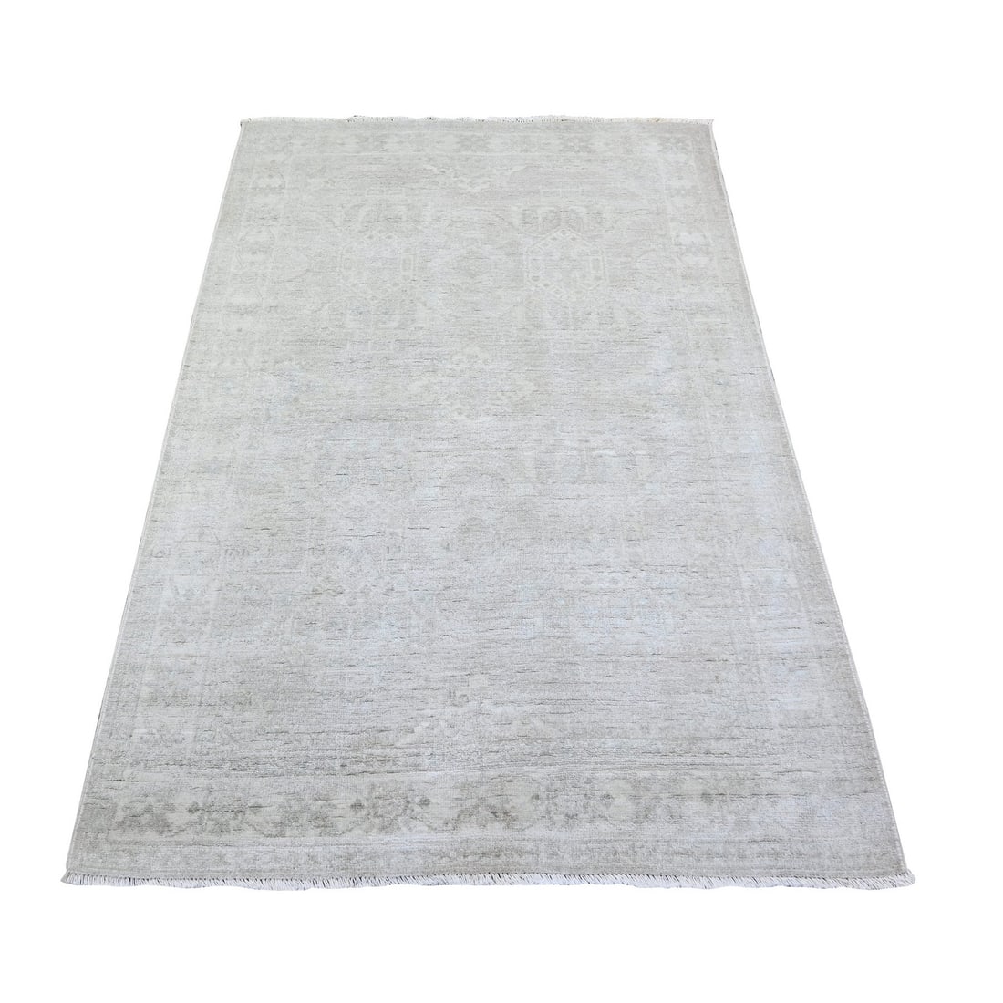 4'x5'9" Gainsboro Gray White Wash Peshawar Wool Hand Knotted Oriental Rug: 4'x5'9" Gainsboro Gray White Wash Peshawar Wool Hand Knotted Oriental Rug The Gainsboro Gray White Wash Peshawar Wool Hand Knotted Oriental Rug boasts a stunning rectangular field with intricate regio