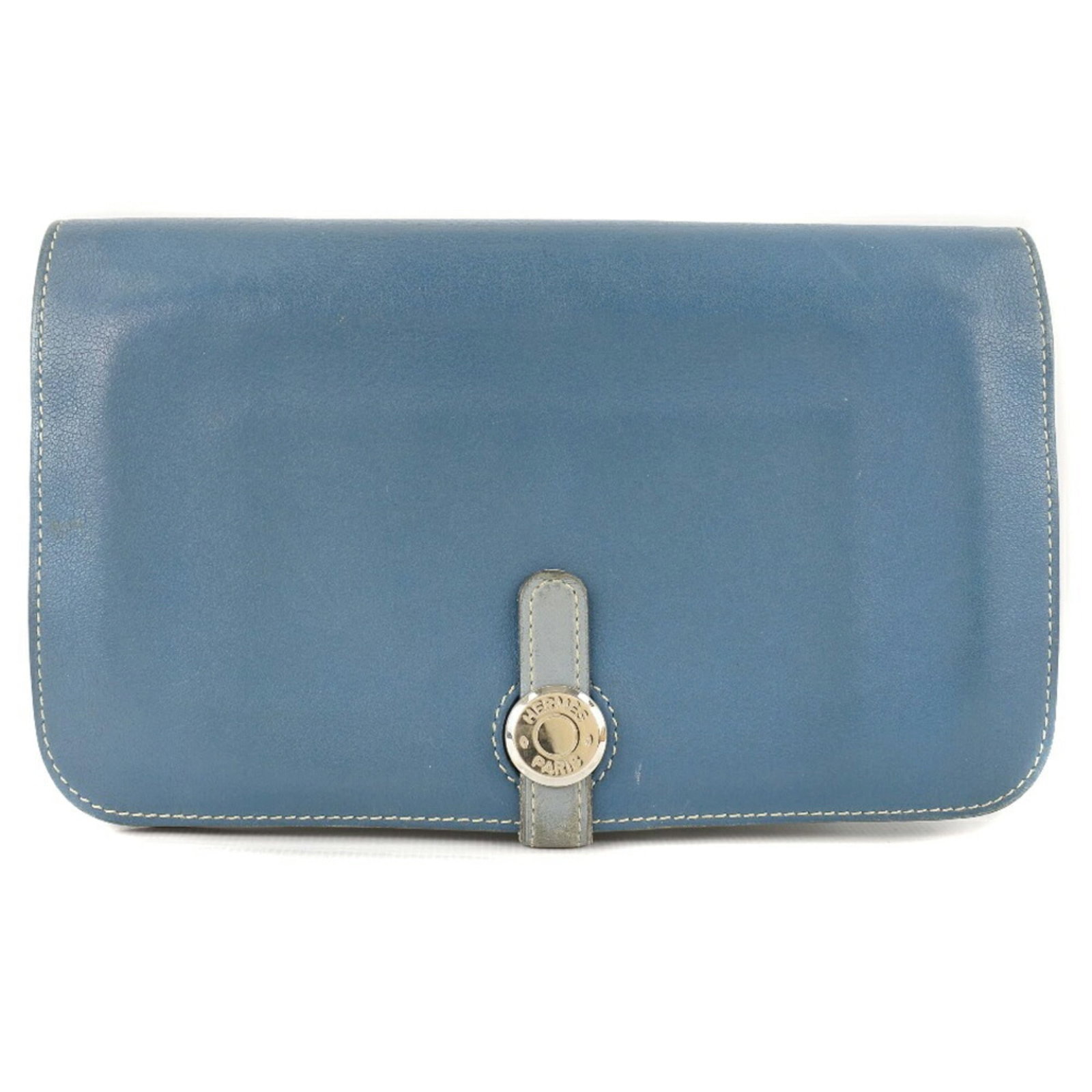 Hermes Long Wallet (Bi-Fold) Leather: Hermes Long Wallet (Bi-Fold) Leather The Hermes Long Wallet (Bi-Fold) Leather boasts a sleek design with a classic blue hue, featuring a sturdy belt closure and two inner pockets for added convenience