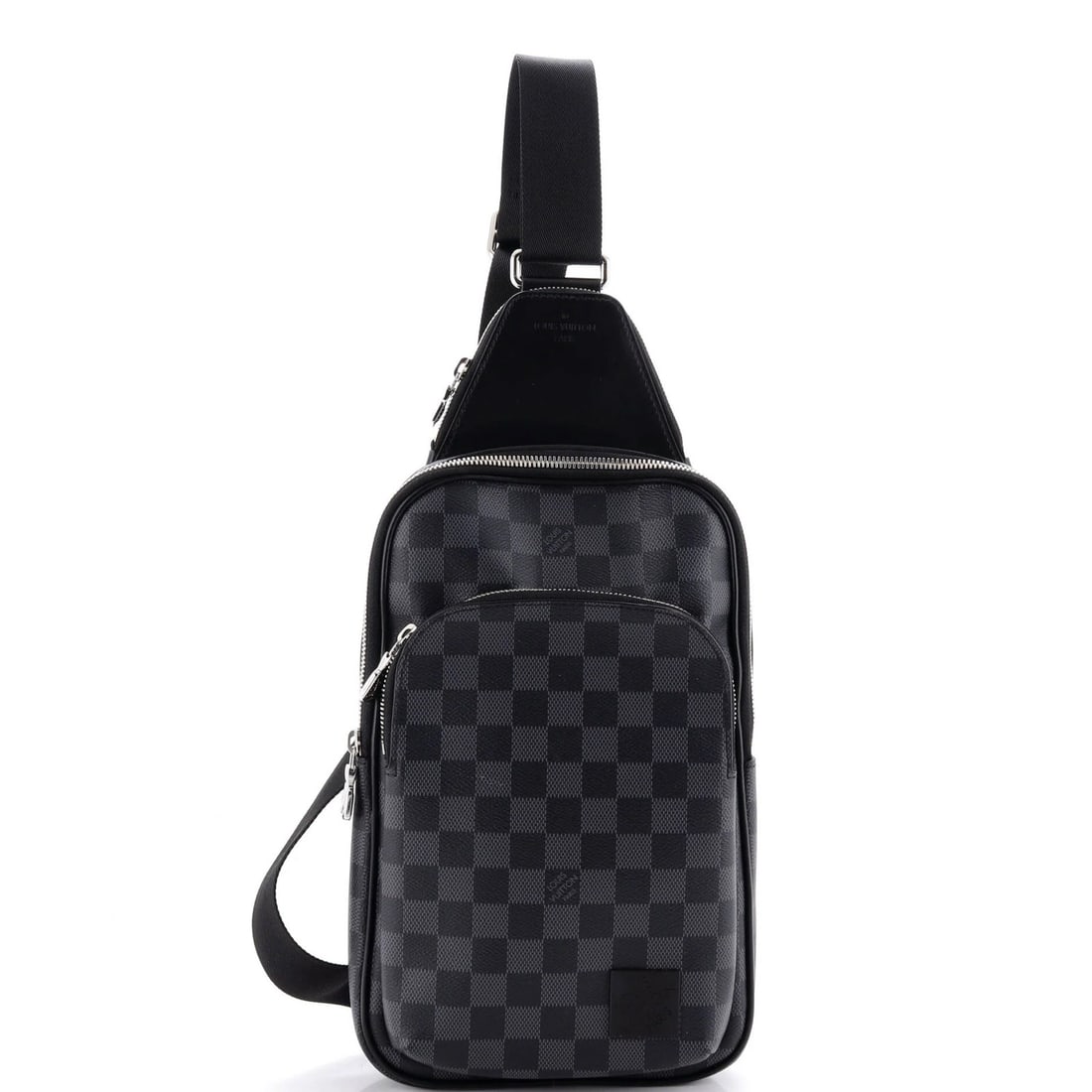 Damier Graphite NM Sling Bag Avenue Louis Vuitton: Damier Graphite NM Sling Bag Avenue Louis Vuitton Black Damier Graphite canvas coated cross body bag from Louis Vuitton's Avenue Sling Bag collection, featuring scuffed and worn exterior with minor