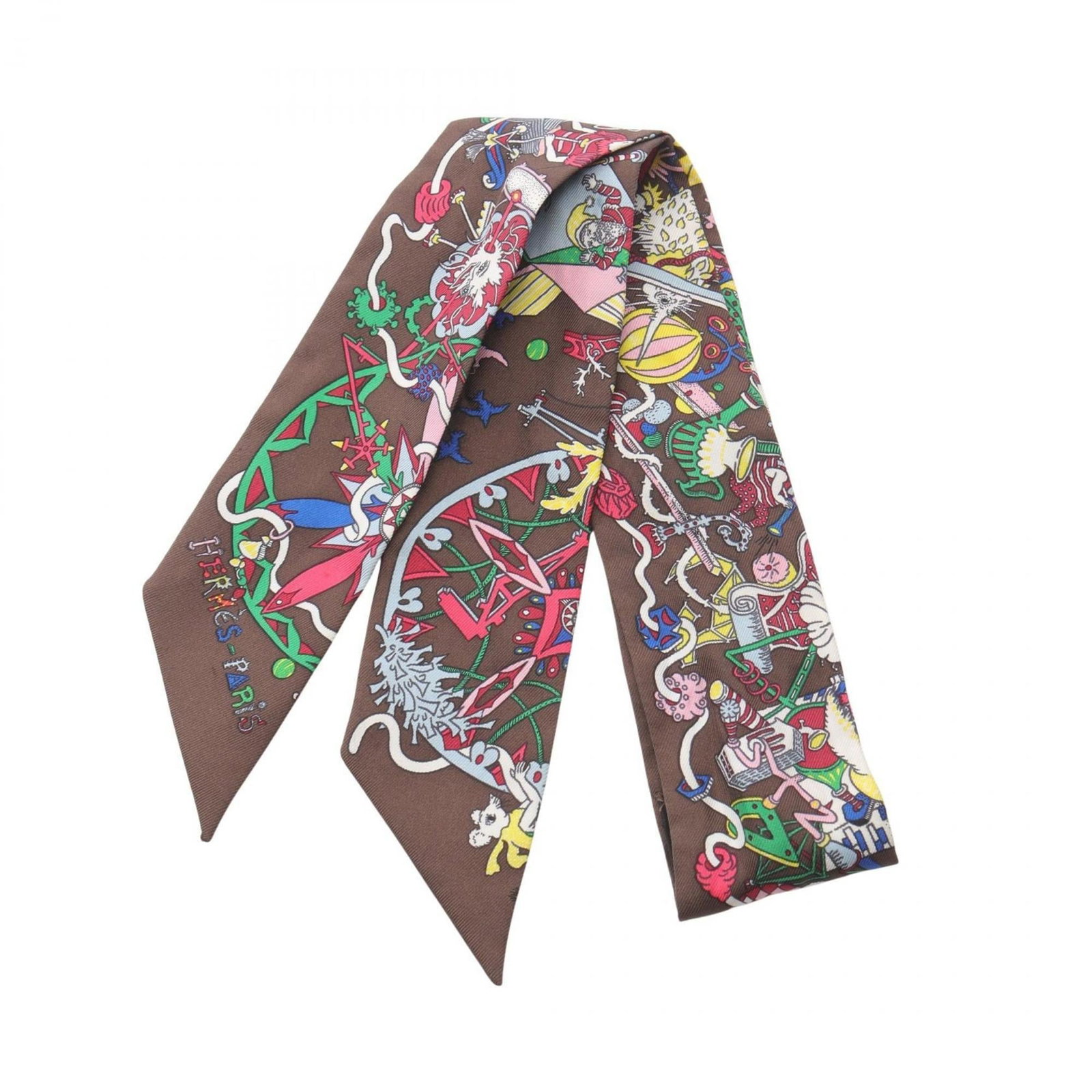 Hermes silk scarf: Hermes silk scarf Brown and multi-color silk scarf from Hermes, measuring 85cm x 5cm. This luxurious silk scarf features a unique combination of colors and a high-quality material that adds to its ele