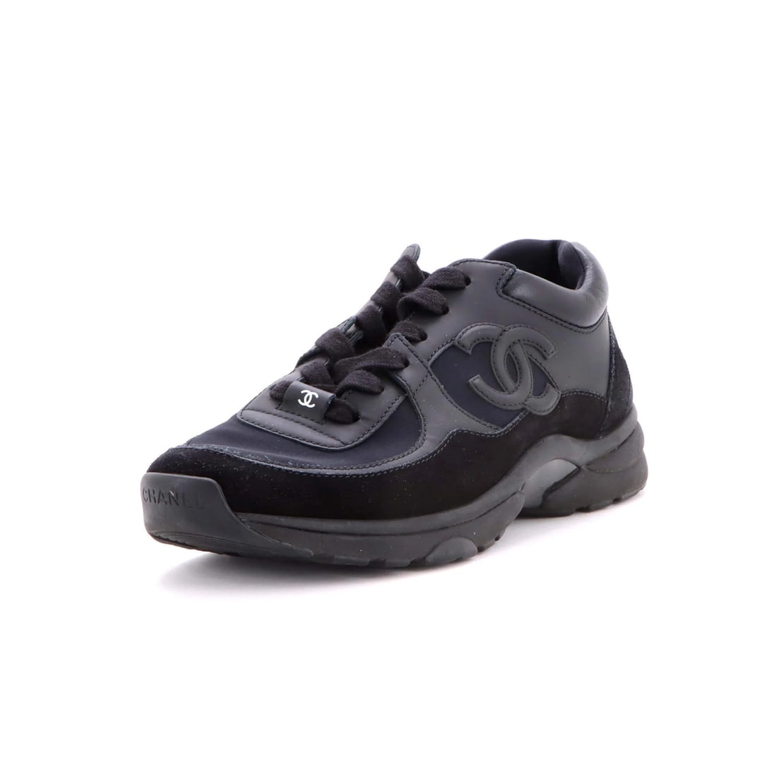 Sneakers leather fabric suede women's low top cc chanel: Sneakers leather fabric suede women's low top cc chanel Black leather and fabric CC sneakers with suede exterior, featuring a low-top design. Minor odor in interior, with some creases, scuffs, and dis