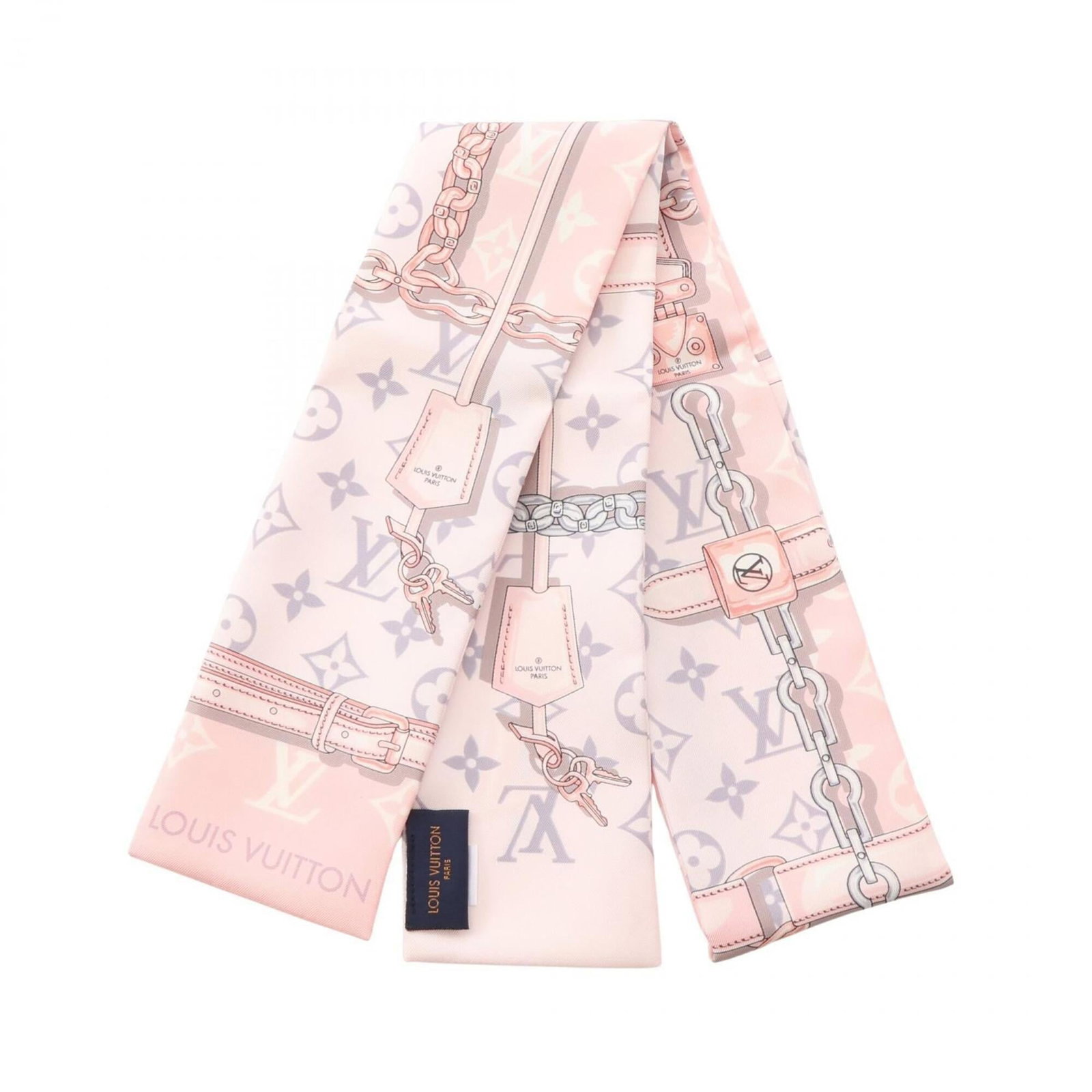 Silk Scarf by Louis Vuitton: Silk Scarf by Louis Vuitton Silk Scarf by Louis Vuitton boasts a vibrant multi-color design, featuring pink hues amidst a rich tapestry. Crafted from luxurious silk, the scarf measures 1.18m x 8.5cm a
