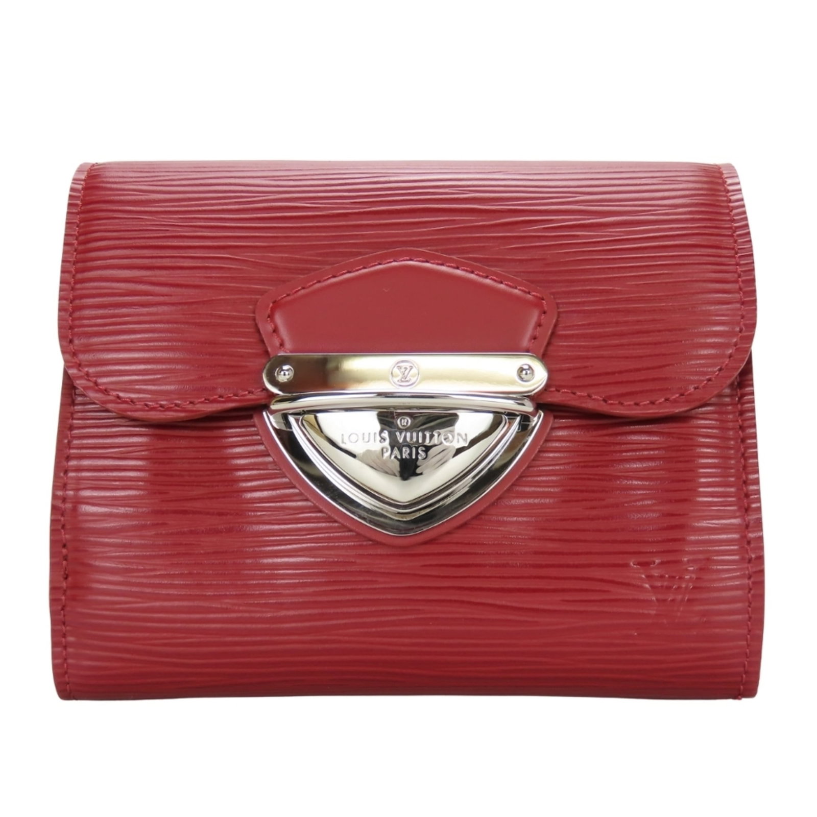 Louis Vuitton Wallet (Tri-Fold) Epi Leather: Louis Vuitton Wallet (Tri-Fold) Epi Leather Luxurious Louis Vuitton tri-fold wallet crafted from premium Epi leather, featuring a sleek ruby color and secure slide lock closure. Measuring 10.5cm x 12.