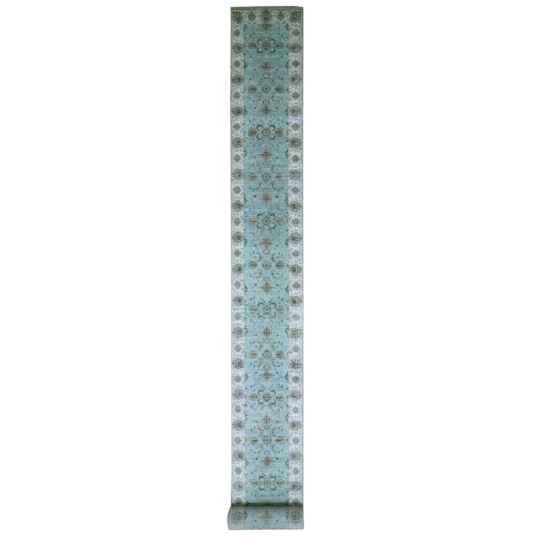 2'6"x29'10" Blue Hand Knotted Flower Vines Design Pure Wool XL Runner Rug: 2'6"x29'10" Blue Hand Knotted Flower Vines Design Pure Wool XL Runner Rug Blue Hand Knotted Flower Vines Design Pure Wool XL Runner Rug, measuring 2'6" x 29'10", boasts a stunning hand-knotted design 