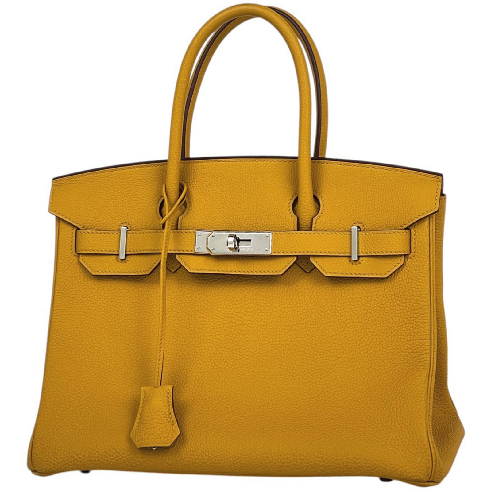 Hermes Handbag Togo Leather: Hermes Handbag Togo Leather Togo leather, a signature material from Hermes, adorns this vibrant yellow Birkin handbag. Measuring 22cm x 30cm x 15cm, its compact size belies the timeless elegance it ex