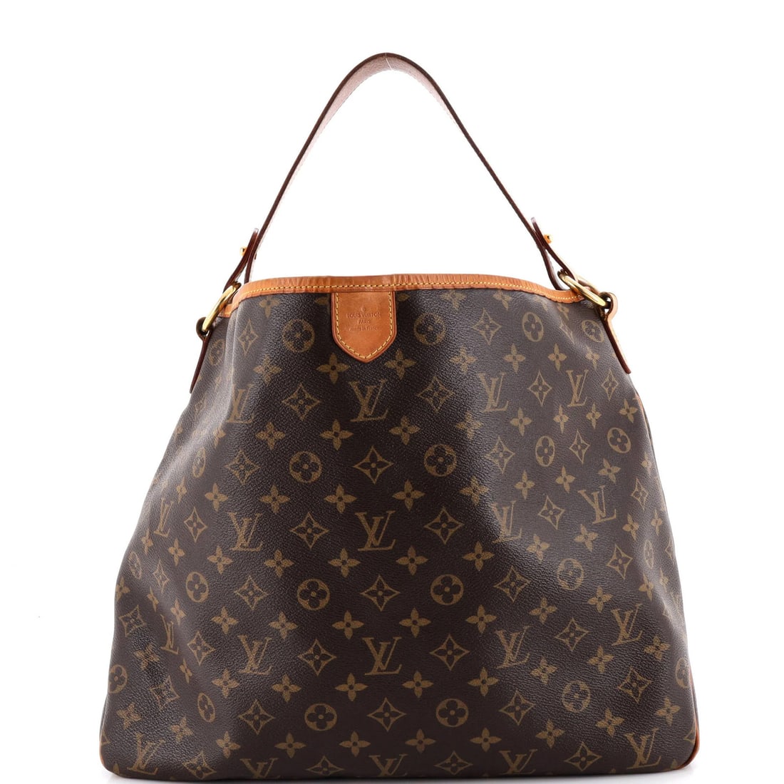 Monogram Canvas Handbag Louis Vuitton MM: Monogram Canvas Handbag Louis Vuitton MM Brown Louis Vuitton MM Monogram Canvas Handbag with Gold Hardware, featuring scuffs and creases on the exterior. The interior is made of fabric in a matching b