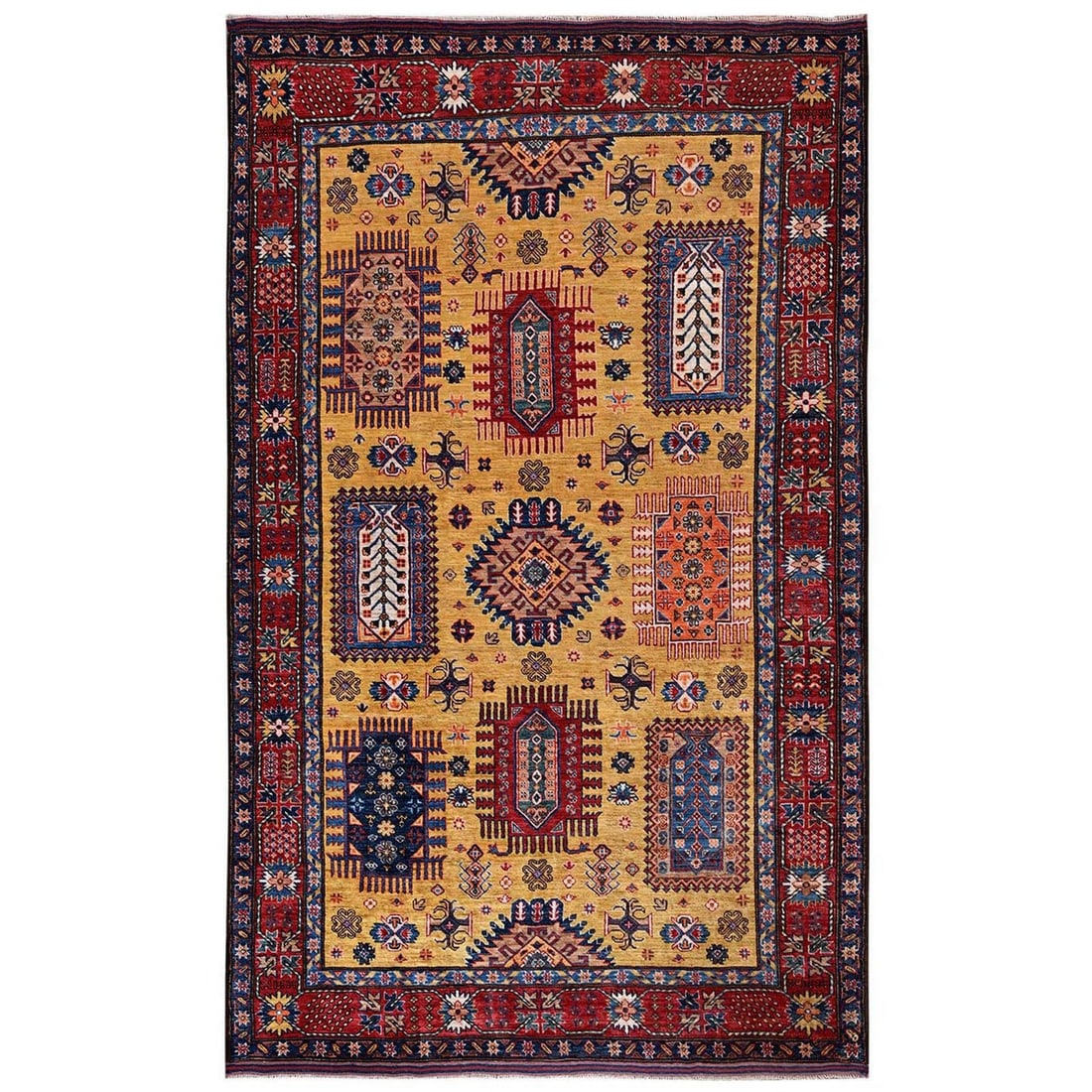 6'4"x9' Yellow Afghan Ersari with Antique Caucasian Motif Wool Oriental Rug: 6'4"x9' Yellow Afghan Ersari with Antique Caucasian Motif Wool Oriental Rug Yellow Afghan Ersari with Antique Caucasian Motif Wool Oriental Rug measures 6'4" x 9" and features an all-over regional des