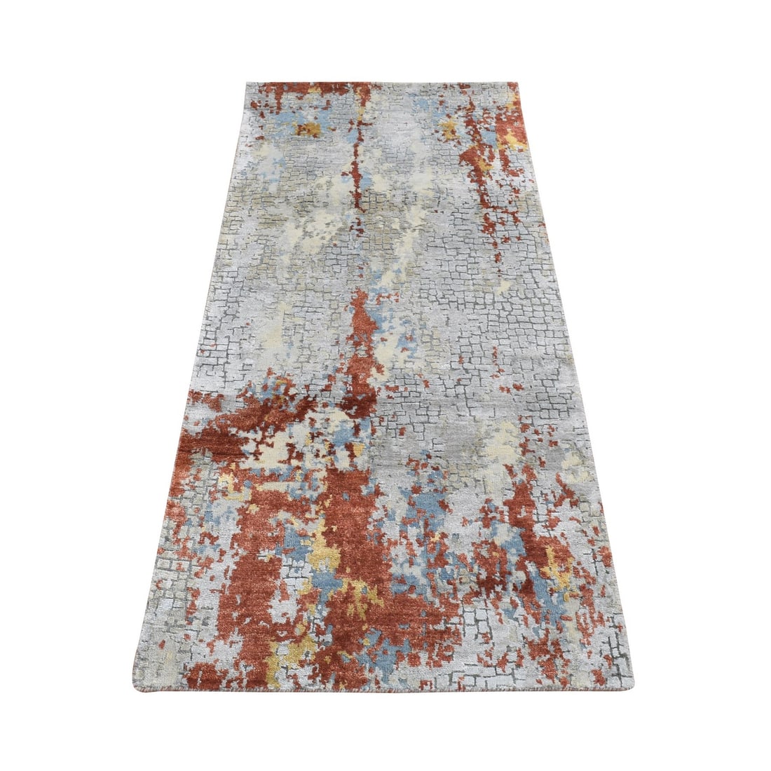 2'6"x5'10" Gray Wool and Silk Abstract Design Hand Knotted Runner Rug: 2'6"x5'10" Gray Wool and Silk Abstract Design Hand Knotted Runner Rug This stunning hand-knotted runner rug boasts an intricate abstract design in rich grey hues, expertly woven from a blend of wool a