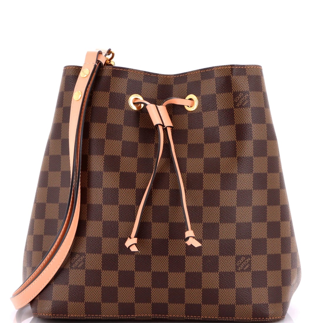 Louis Vuitton NeoNoe Handbag Damier with Leather MM: Louis Vuitton NeoNoe Handbag Damier with Leather MM Brown Louis Vuitton NeoNoe Handbag Damier with Leather MM features a neutral exterior color and canvas-coated leather construction. The bag measures