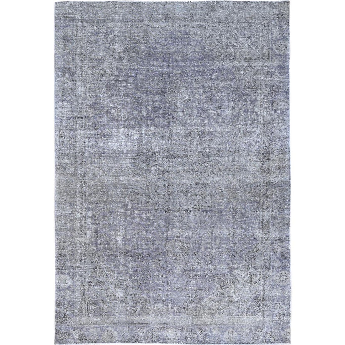 7'1"x10'4" Purple Soft Wool Hand Knotted Vintage Zoroastrian Tebraz Rug: 7'1"x10'4" Purple Soft Wool Hand Knotted Vintage Zoroastrian Tebraz Rug The 7'1"x10'4" Purple Soft Wool Hand Knotted Vintage Zoroastrian Tebraz Rug boasts an impressive rectangular field with a rich, 