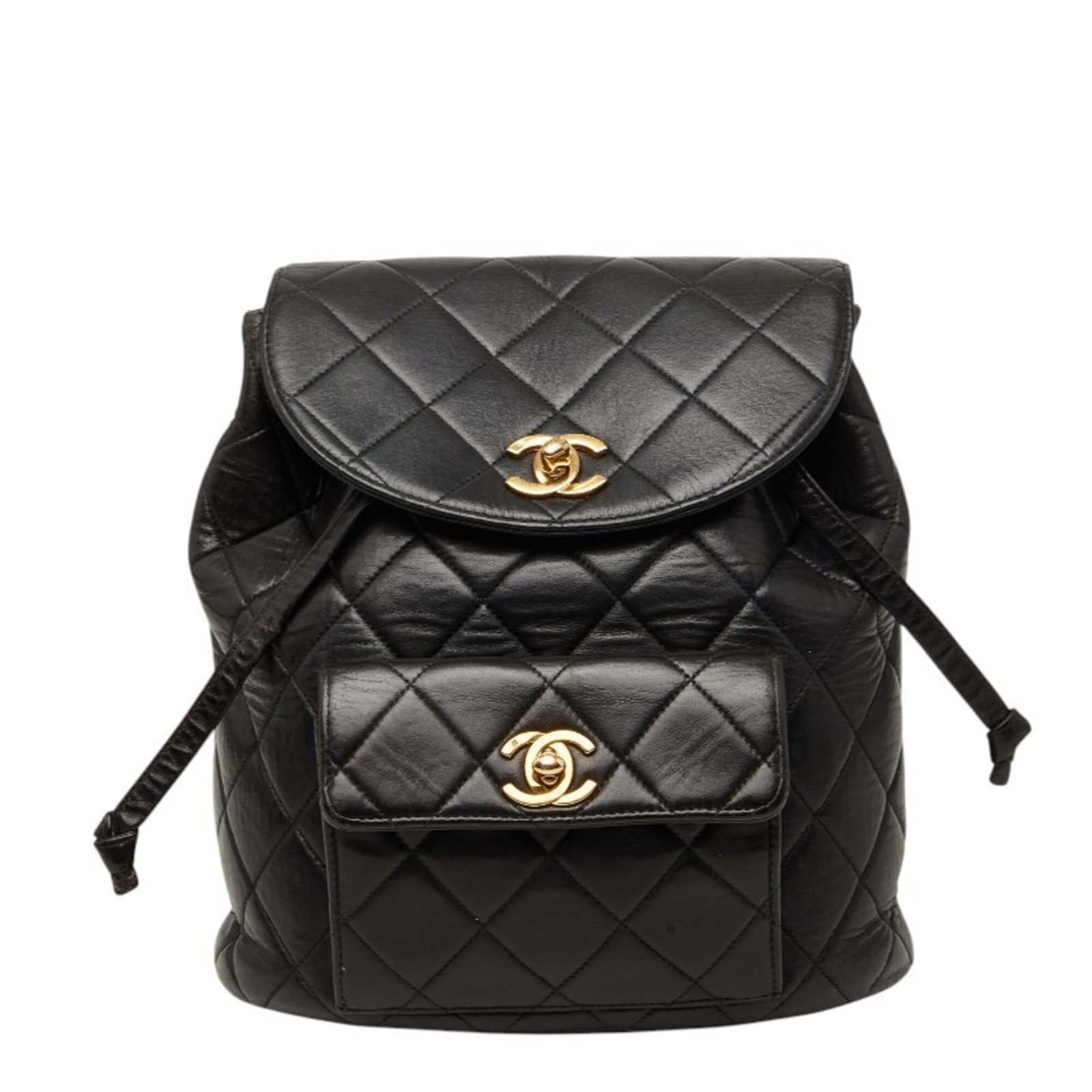 Leather Backpack by Chanel: Leather Backpack by Chanel Black Lambskin Leather Backpack by Chanel, measuring 22cm x 21cm x 9.5cm, features high-quality lambskin material and classic design. This stylish backpack is made from genu