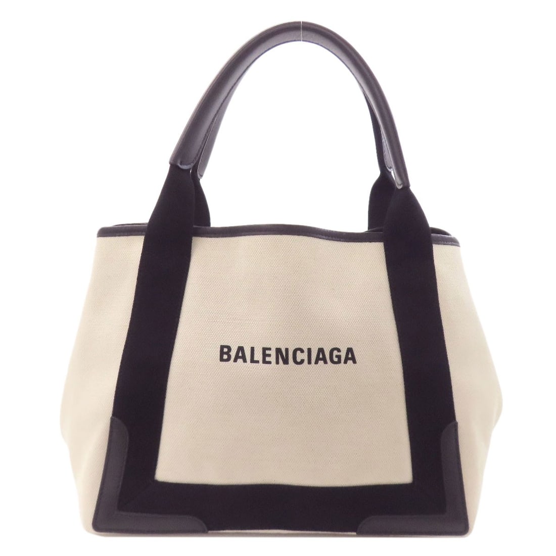 Balenciaga 339933 Navy Cabas Handbag Canvas: Balenciaga 339933 Navy Cabas Handbag Canvas White canvas Balenciaga handbag with navy cabas style. This bag features a white exterior material and a classic design. The signature appears on the item,
