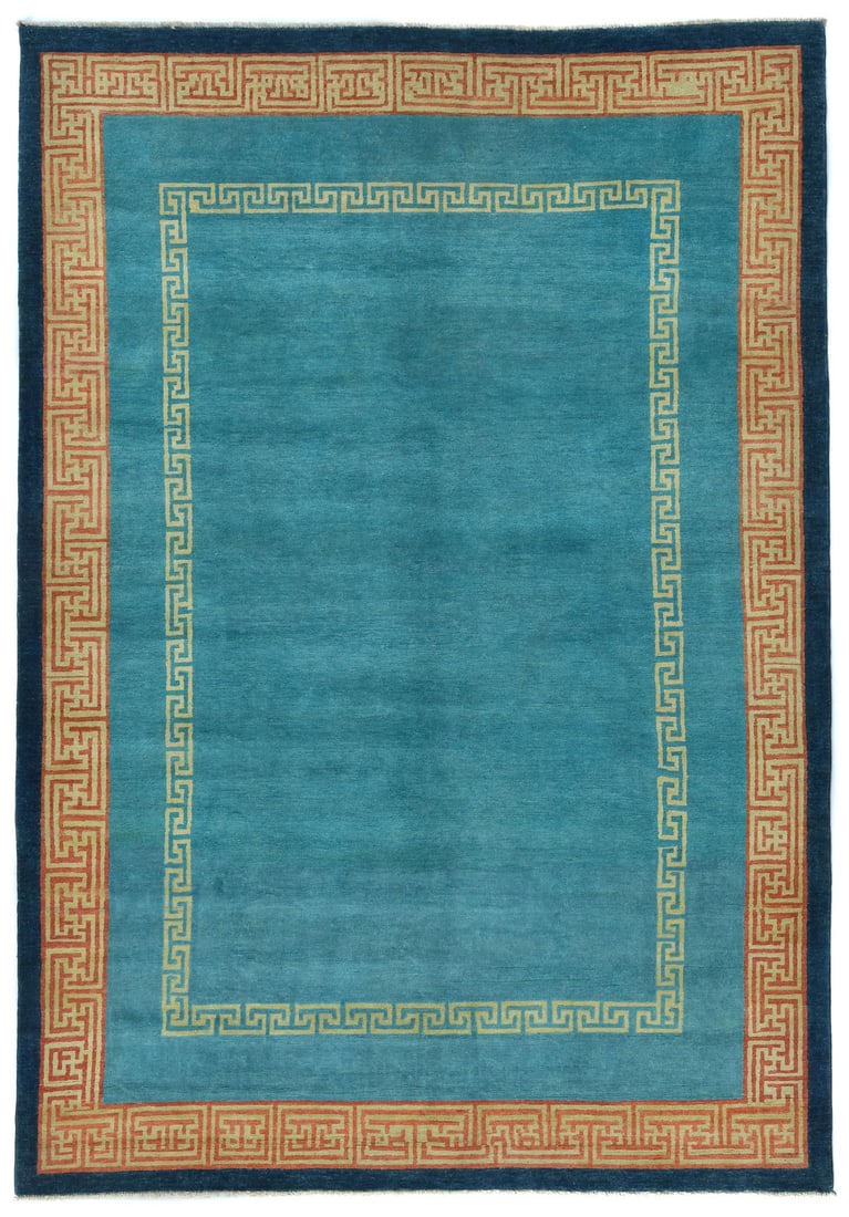 Handmade Blue Kazak Oriental Rug Pakistan Bordered Handspun Wool Design 6X9 Ft Hand-Knotted: Handmade Blue Kazak Oriental Rug Pakistan Bordered Handspun Wool Design 6X9 Ft Hand-Knotted Handspun Wool, 130 knots per square, in a modern bordered design with a subtle rust beige and dark navy