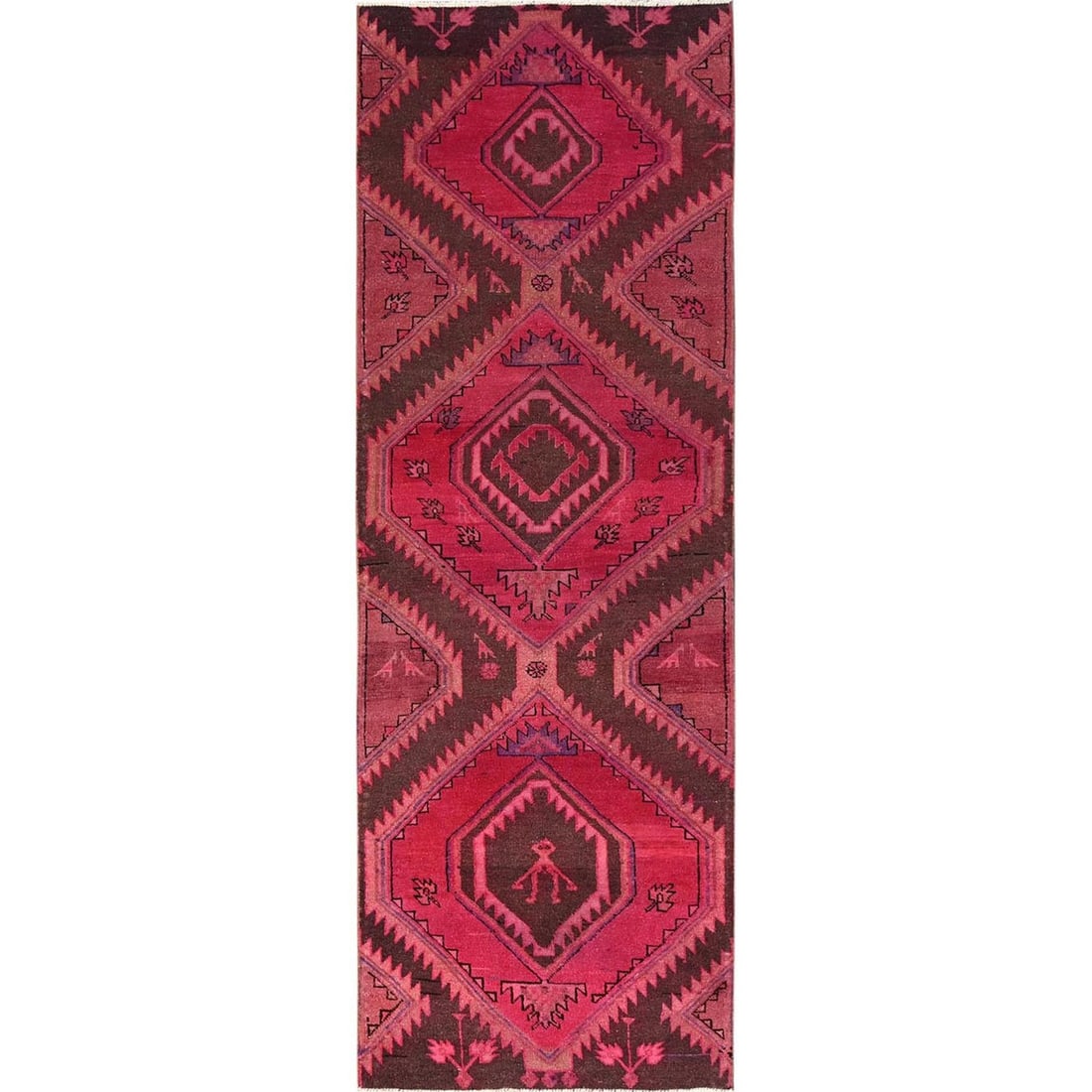 Pink Overdyed Vintage Zoroastrian Karman Hand Knotted Wool Runner Rug: Pink Overdyed Vintage Zoroastrian Karman Hand Knotted Wool Runner Rug Hand-knotted wool runner rug with an overdyed pink field, featuring a geometric pattern characteristic of Zoroastrian design from 