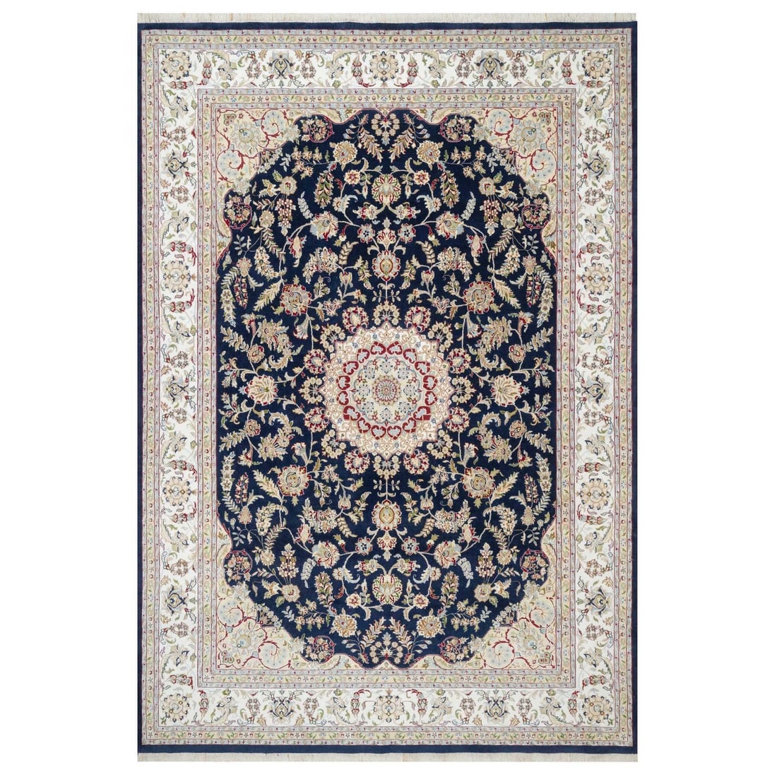 9'8"x14'2" Vulcan Blue Hand Knotted Nain Design 250 KPSI Natural Wool Rug: 9'8"x14'2" Vulcan Blue Hand Knotted Nain Design 250 KPSI Natural Wool Rug The Vulcan Blue Hand Knotted Nain Design rug boasts a stunning blue field with intricate patterns, expertly woven in hand-knot