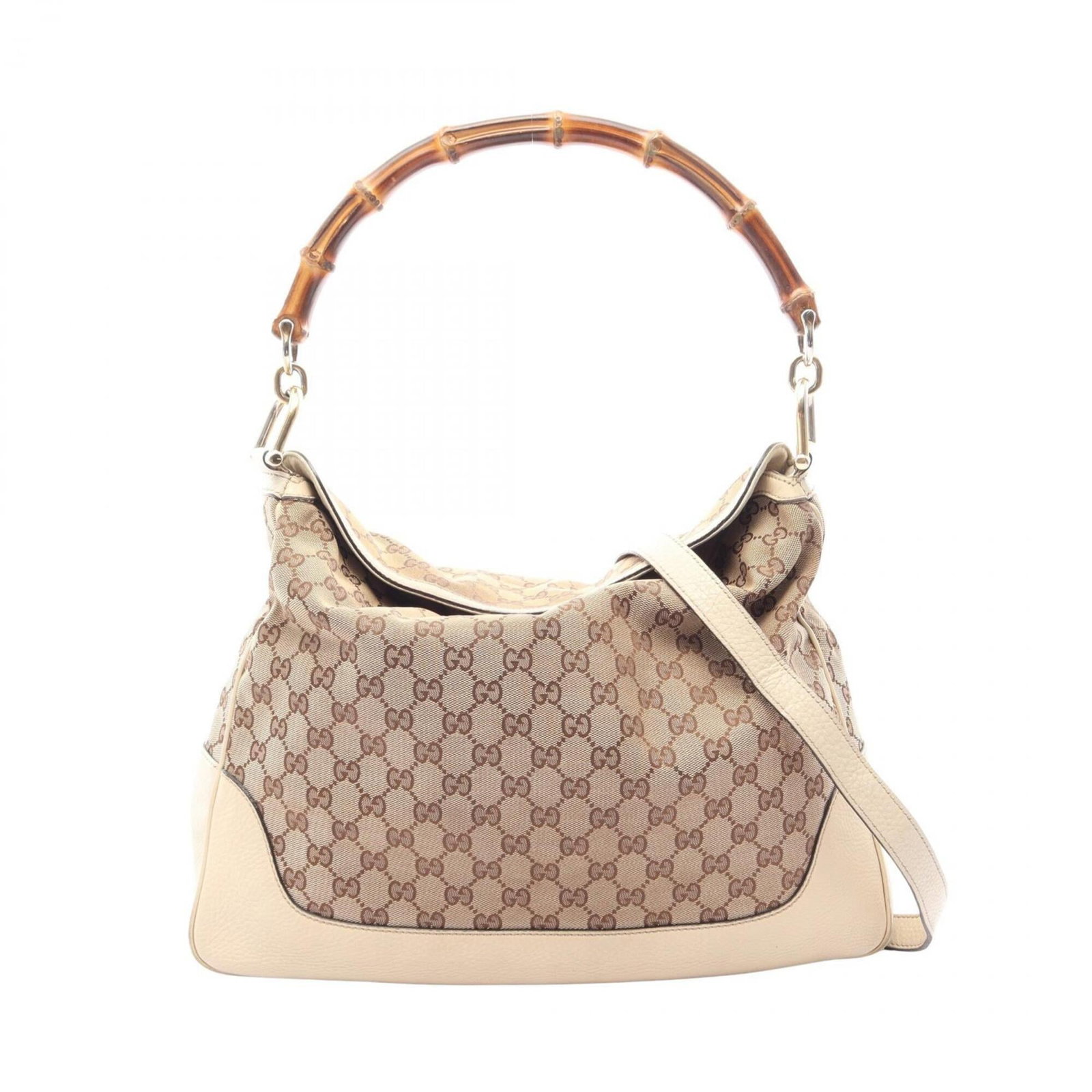 Canvas leather shoulder bag from Gucci: Canvas leather shoulder bag from Gucci Canvas leather shoulder bag from Gucci, featuring a classic design with a beige and ivory color combination. Made from high-quality canvas and leather materials,