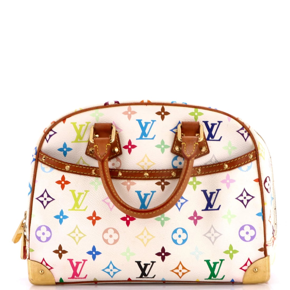 Monogram Multicolor Louis Vuitton Trouville Handbag: Monogram Multicolor Louis Vuitton Trouville Handbag White canvas coated Louis Vuitton Trouville handbag with monogram multicolor exterior, featuring a classic satchel style and gold hardware. The bag 