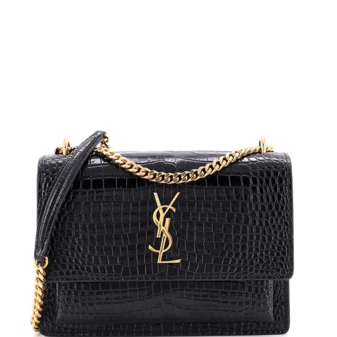 Crocodile Embossed Leather Saint Laurent Crossbody Bag Medium Sunset: Crocodile Embossed Leather Saint Laurent Crossbody Bag Medium Sunset Black crocodile embossed leather medium crossbody bag from Saint Laurent, featuring gold hardware and suede interior. The exterior 