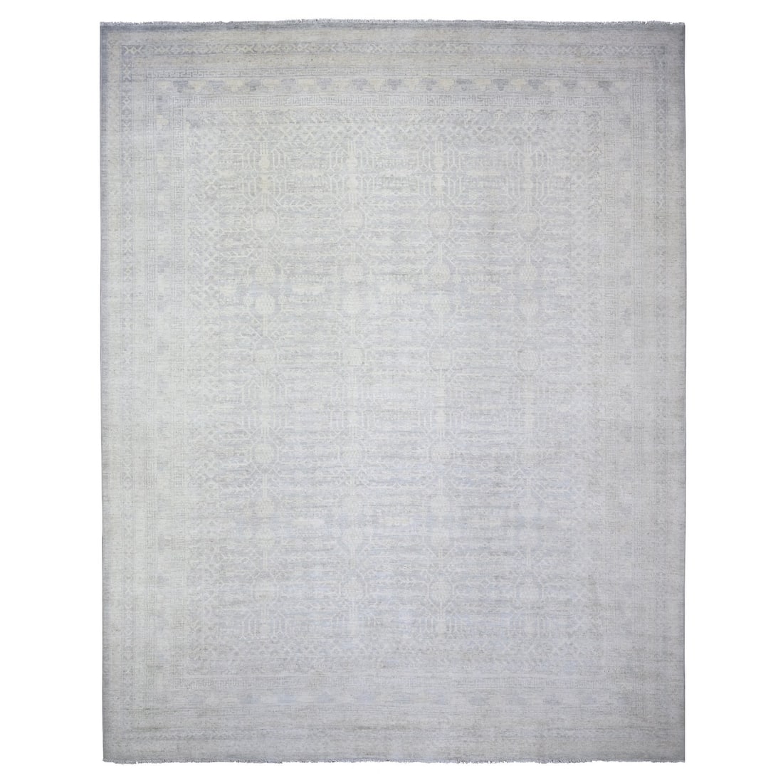 12'x14'3" Marian Blue Stone Washed Peshawar Wool Hand Knotted Rug: 12'x14'3" Marian Blue Stone Washed Peshawar Wool Hand Knotted Rug Marian Blue Stone Washed Peshawar Wool Hand Knotted Rug, featuring an authentic Afghan design in a stunning blue field with intricate 