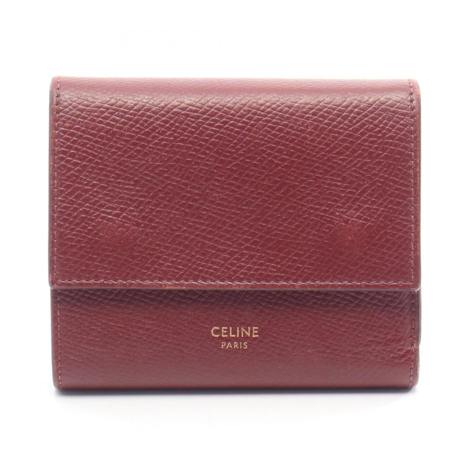 Celine Wallet (Tri-Fold) Leather: Celine Wallet (Tri-Fold) Leather Tri-fold leather wallet from Celine, featuring classic design and Bordeaux color. Made from high-quality leather, this wallet measures 8.5cm x 10.5cm x 3.5cm. Its slee