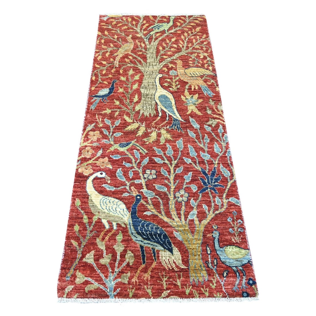 2'7"x6'4" Red Hand Knotted Birds of Paradise Design Soft Wool Runner Rug: 2'7"x6'4" Red Hand Knotted Birds of Paradise Design Soft Wool Runner Rug Red Hand Knotted Birds of Paradise Design Soft Wool Runner Rug features a striking Peshawar style design with an animal print p