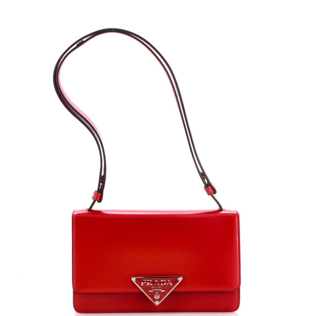 Triangle logo flap bag medium spazzolato leather prada embleme: Triangle logo flap bag medium spazzolato leather prada embleme Red Spazzolato Leather Prada Embleme Triangle Logo Flap Bag Medium measures 5" high, 9.5" wide, and 2" deep. This medium-sized shoulder b