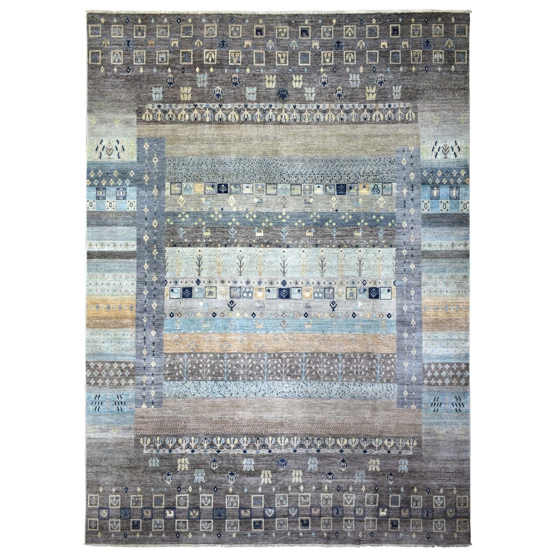 10'x13'8" Space Gray Afghan Kashkuli Soft Wool Hand Knotted Rug: 10'x13'8" Space Gray Afghan Kashkuli Soft Wool Hand Knotted Rug Soft and elegant, this 10'x13'8" Space Gray Afghan Kashkuli Soft Wool Hand Knotted Rug boasts a beautiful, rectangular field with an Ori