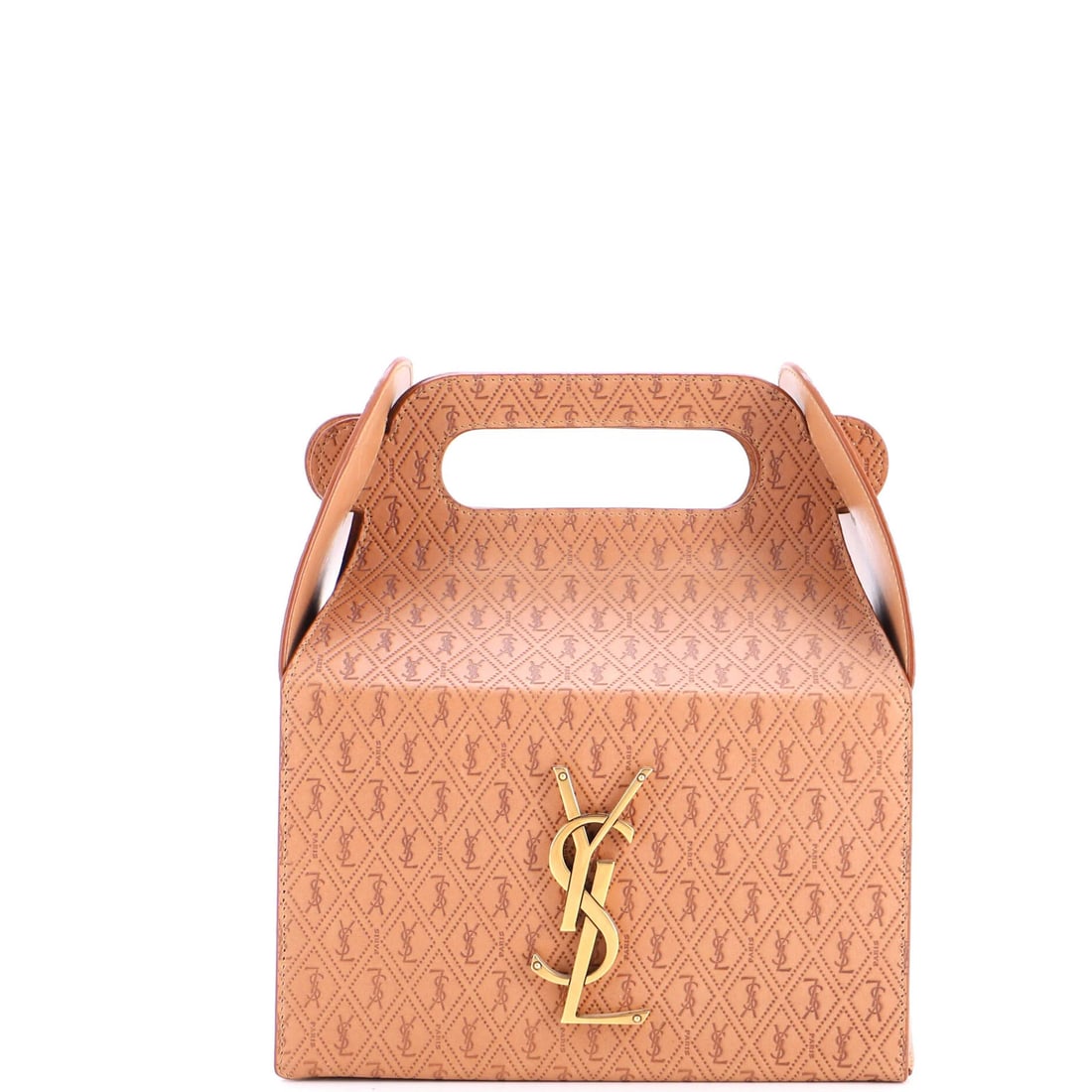 Saint Laurent Leather All Over Monogram Take Away Box Bag: Saint Laurent Leather All Over Monogram Take Away Box Bag The Saint Laurent Take-Away Box Bag boasts an all-over monogram pattern in neutral leather, adding a touch of sophistication to any outfit. Wi