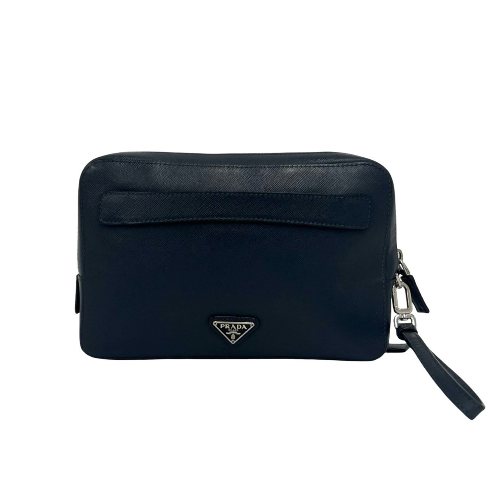 Pouch Bag Leather Clutch Prada: Pouch Bag Leather Clutch Prada Navy leather Prada clutch bag with clean lines and classic design, measuring 16.5cm x 23cm x 6cm. This small pouch-style clutch features a simple yet elegant shape that 