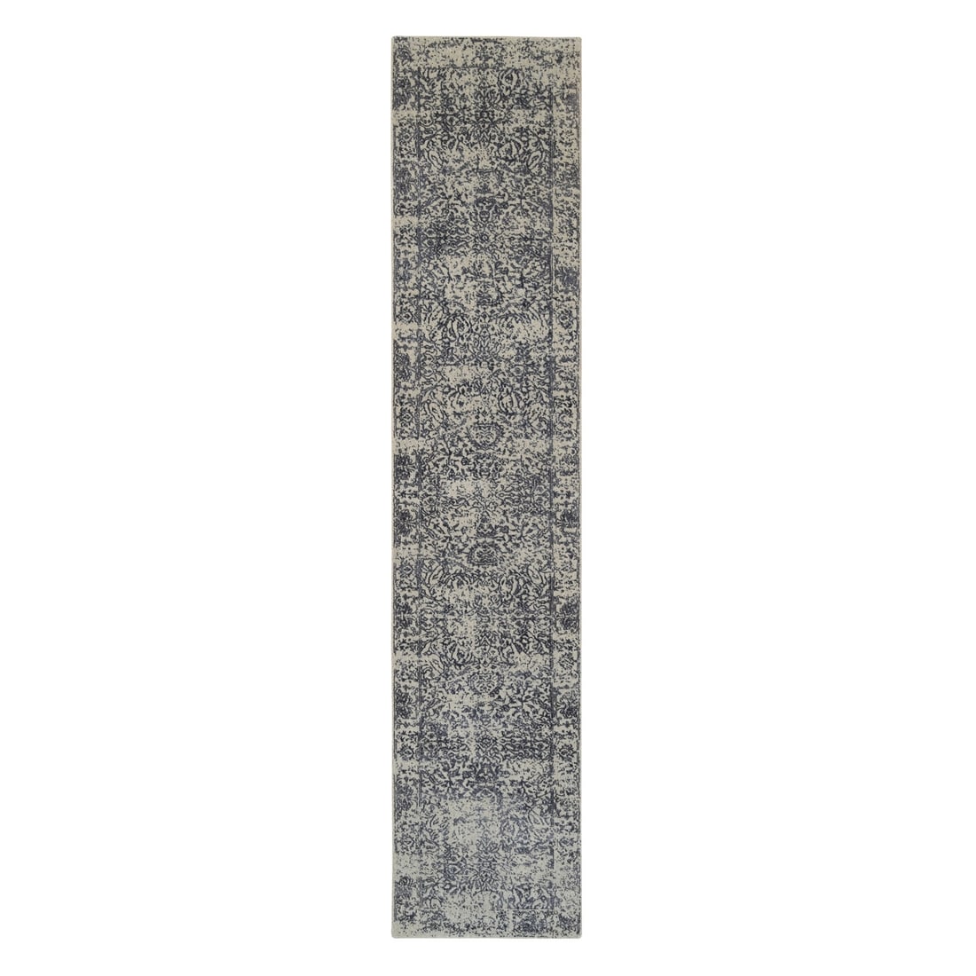 2'7"x12'2" Hand Loomed Gray Fine Jacquard Wool and Silk Runner Rug: 2'7"x12'2" Hand Loomed Gray Fine Jacquard Wool and Silk Runner Rug This hand loomed gray fine Jacquard wool and silk runner rug boasts an intricate Oriental design, woven with precision to create a st