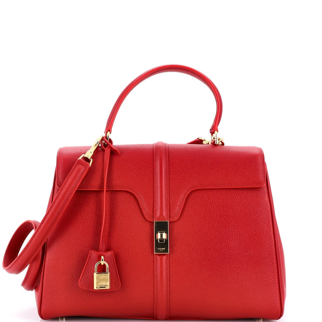 Celine 16 Top Handle Bag Grained Calfskin Medium: Celine 16 Top Handle Bag Grained Calfskin Medium Celine's 16 Top Handle Bag boasts a stunning red exterior crafted from high-quality Grained Calfskin leather, adding a touch of sophistication to any o