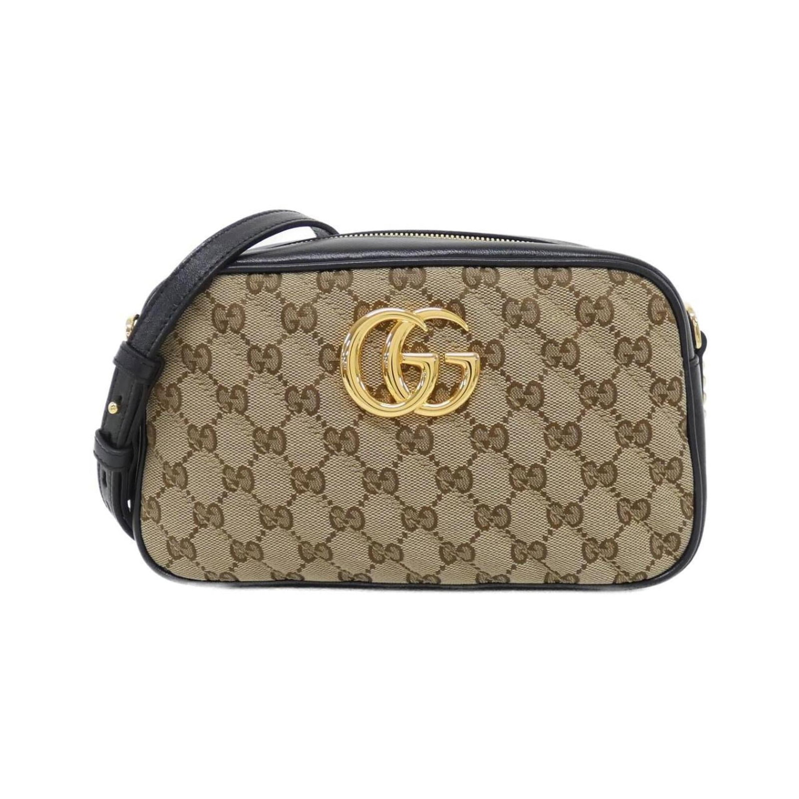 Canvas leather bag gucci shoulder: Canvas leather bag gucci shoulder GG canvas and leather come together in this Gucci shoulder bag, featuring a classic design with a beige and black color scheme. The gold hardware adds a touch of