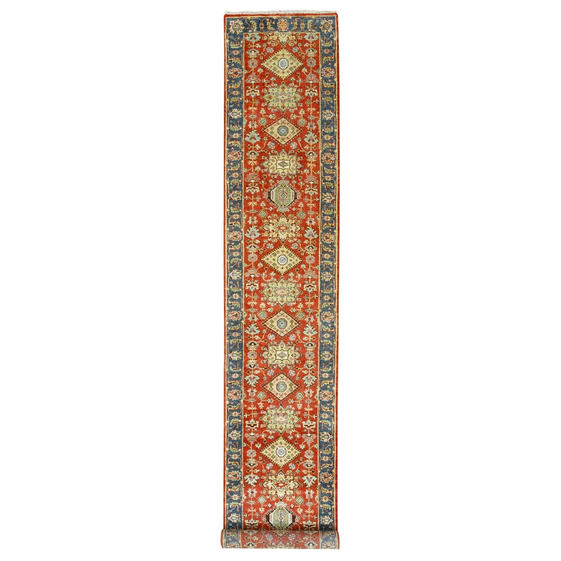 2'7"x15'10" Red Karjihooz Design Pure Wool Hand Knotted XL Runner Rug: 2'7"x15'10" Red Karjihooz Design Pure Wool Hand Knotted XL Runner Rug Red Karjihooz Design Pure Wool Hand Knotted XL Runner Rug, measuring 2'7" x 15'10" and boasting a vibrant red color. This hand-kno