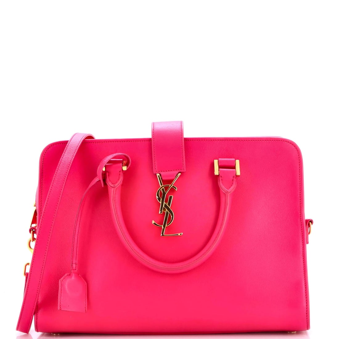 Small leather cabas monogram Saint Laurent: Small leather cabas monogram Saint Laurent Small leather cabas monogram Saint Laurent in pink, featuring a classic design with scuffs and creases on the exterior. The interior is adorned with suede li