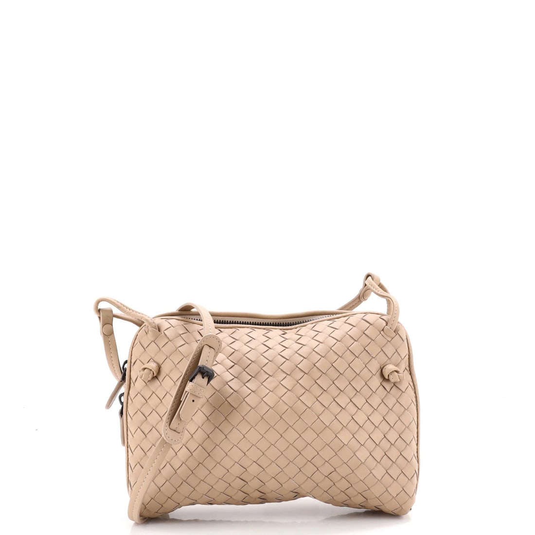 Small Intrecciato Nappa Crossbody Nodini Bag Veneta Bottega: Small Intrecciato Nappa Crossbody Nodini Bag Veneta Bottega Small Intrecciato Nappa Crossbody Nodini Bag Veneta Bottega features a neutral exterior with scuffs, creases, and corner wear. The interior 