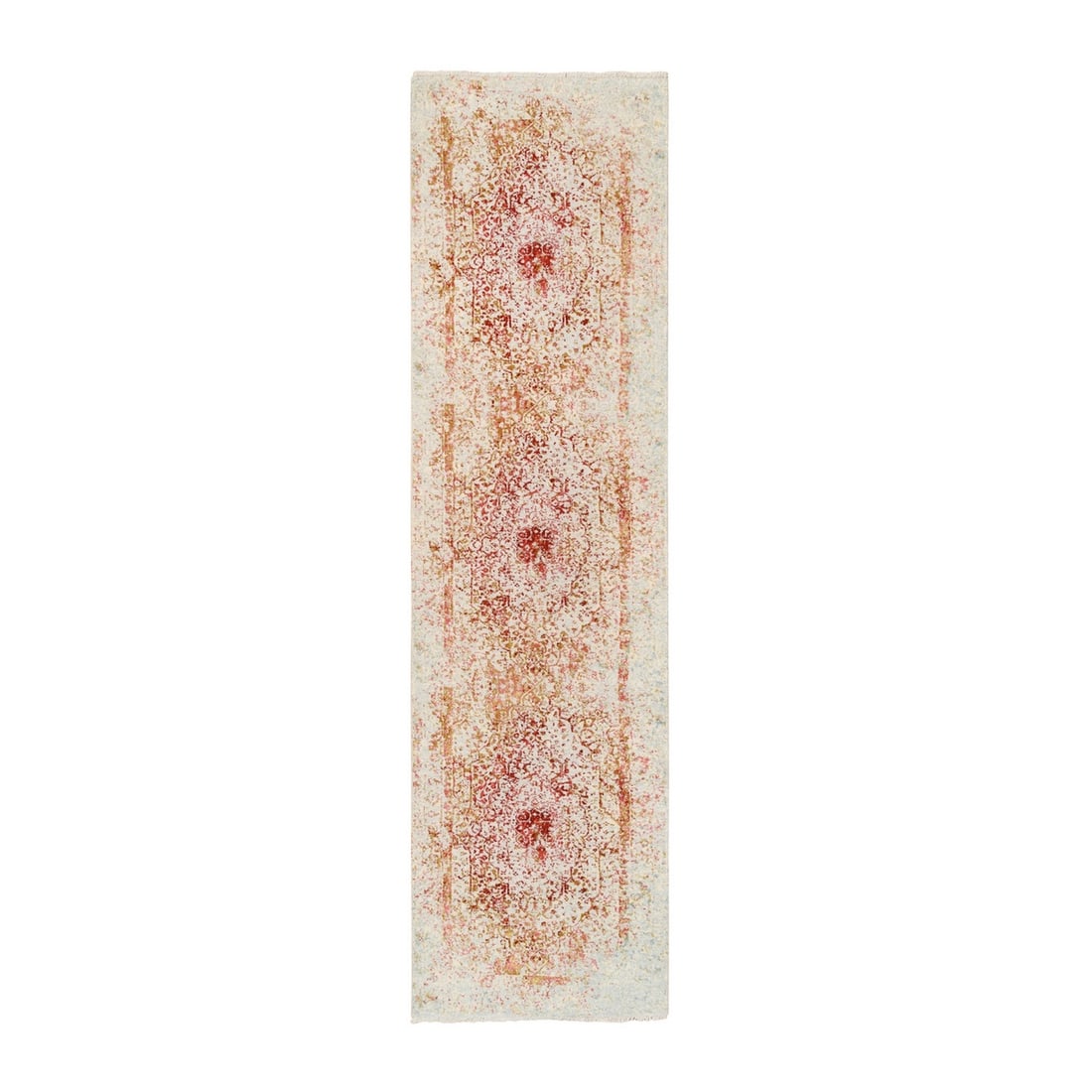 2'7"x9'9" Farsian Erased Design Wool/ Silk Hand Knotted Pink Runner Rug: 2'7"x9'9" Farsian Erased Design Wool/ Silk Hand Knotted Pink Runner Rug This stunning Farsian Erased Design Wool/Silk Hand Knotted Pink Runner Rug boasts an intricate, hand-knotted design in a vibrant