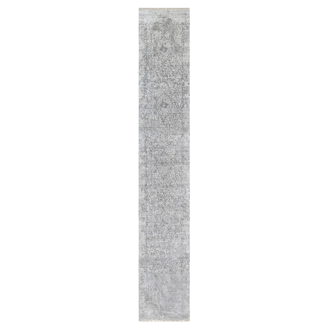 2'7"x16' Gray Zoroastrian Design Hand Knotted Wool and Silk Runner Rug: 2'7"x16' Gray Zoroastrian Design Hand Knotted Wool and Silk Runner Rug Hand-knotted with wool and silk, this stunning Zoroastrian design runner rug boasts a rich grey field color and intricate pattern