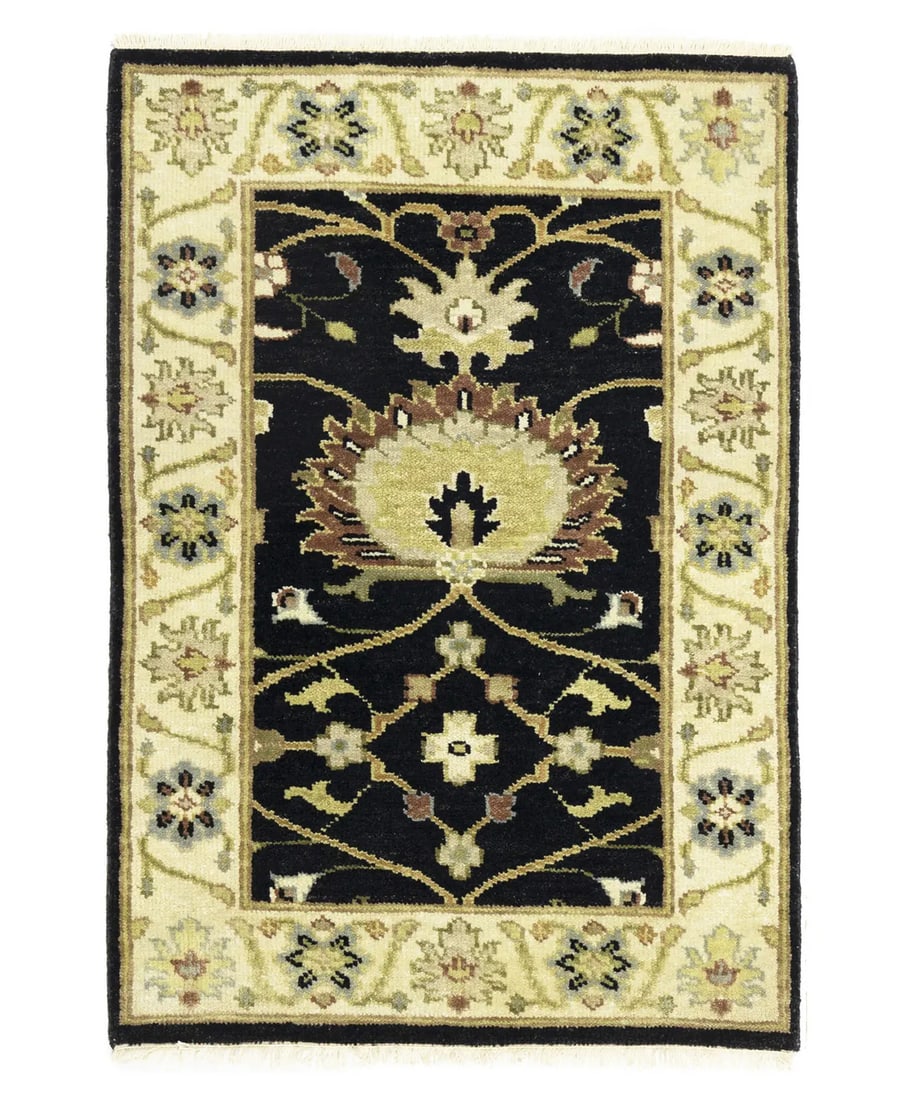 Hand-Knotted Oushak Chobi Rug 2X3 Black Floral Design Small Oriental Carpet Hand-Knotted: Hand-Knotted Oushak Chobi Rug 2X3 Black Floral Design Small Oriental Carpet Hand-Knotted Hand-knotted in wool, this small Oushak Chobi rug boasts a striking black floral design against a subtle cream 