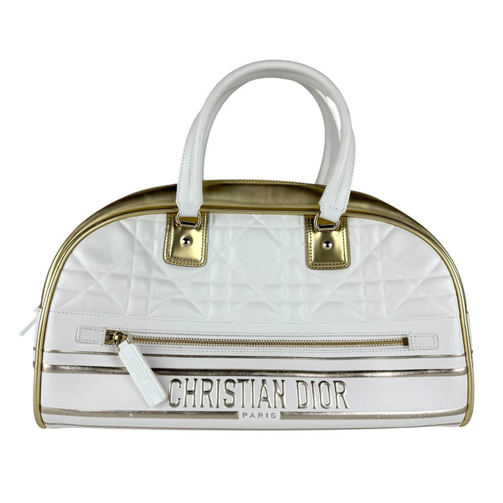 Handbag Christian Dior Leather Shoulder: Handbag Christian Dior Leather Shoulder Gold and white leather shoulder bag from Christian Dior, featuring a classic design with clean lines and elegant proportions. Made in Italy, this handbag boasts