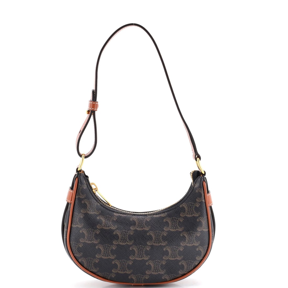 Coated Canvas Ava Triomphe Mini Celine Bag: Coated Canvas Ava Triomphe Mini Celine Bag Coated canvas exterior, gold hardware, and brown interior make this Celine Ava Triomphe Mini bag a stylish choice. Measuring just 3" tall and 6.5" wide, it's