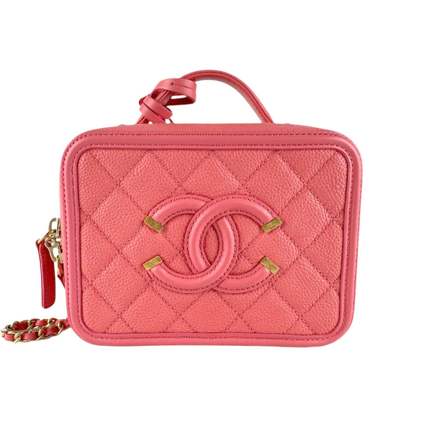 Calfskin Shoulder Bag by Chanel: Calfskin Shoulder Bag by Chanel Calfskin shoulder bag by Chanel, crafted from grained Italian calfskin with a pink hue. Measuring 12cm x 15cm x 8cm, this elegant accessory boasts a classic design that