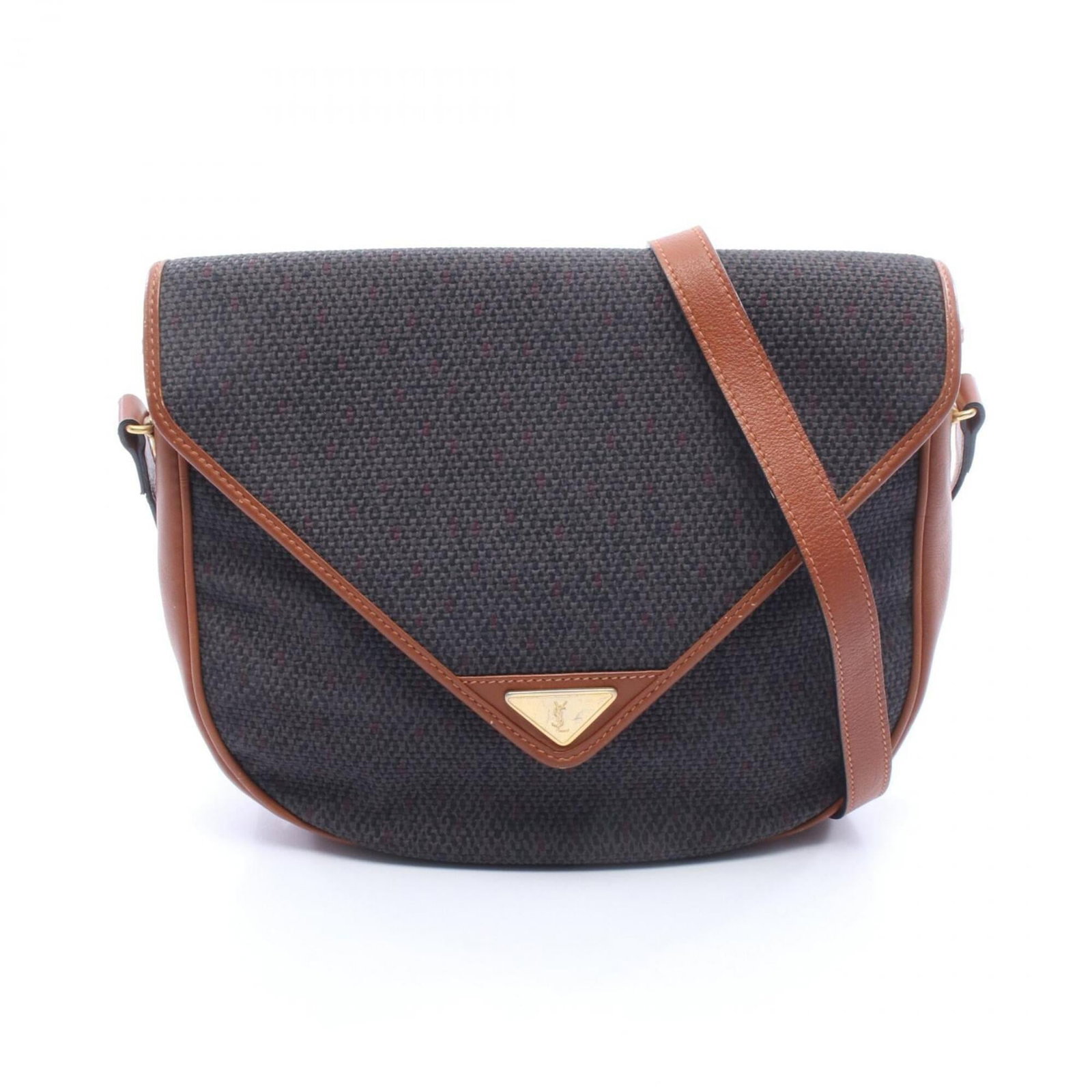 Coated canvas leather shoulder bag by Yves Saint Laurent: Coated canvas leather shoulder bag by Yves Saint Laurent Coated canvas leather shoulder bag by Yves Saint Laurent, featuring a classic design in brown and gray hues. With its unique blend of materials