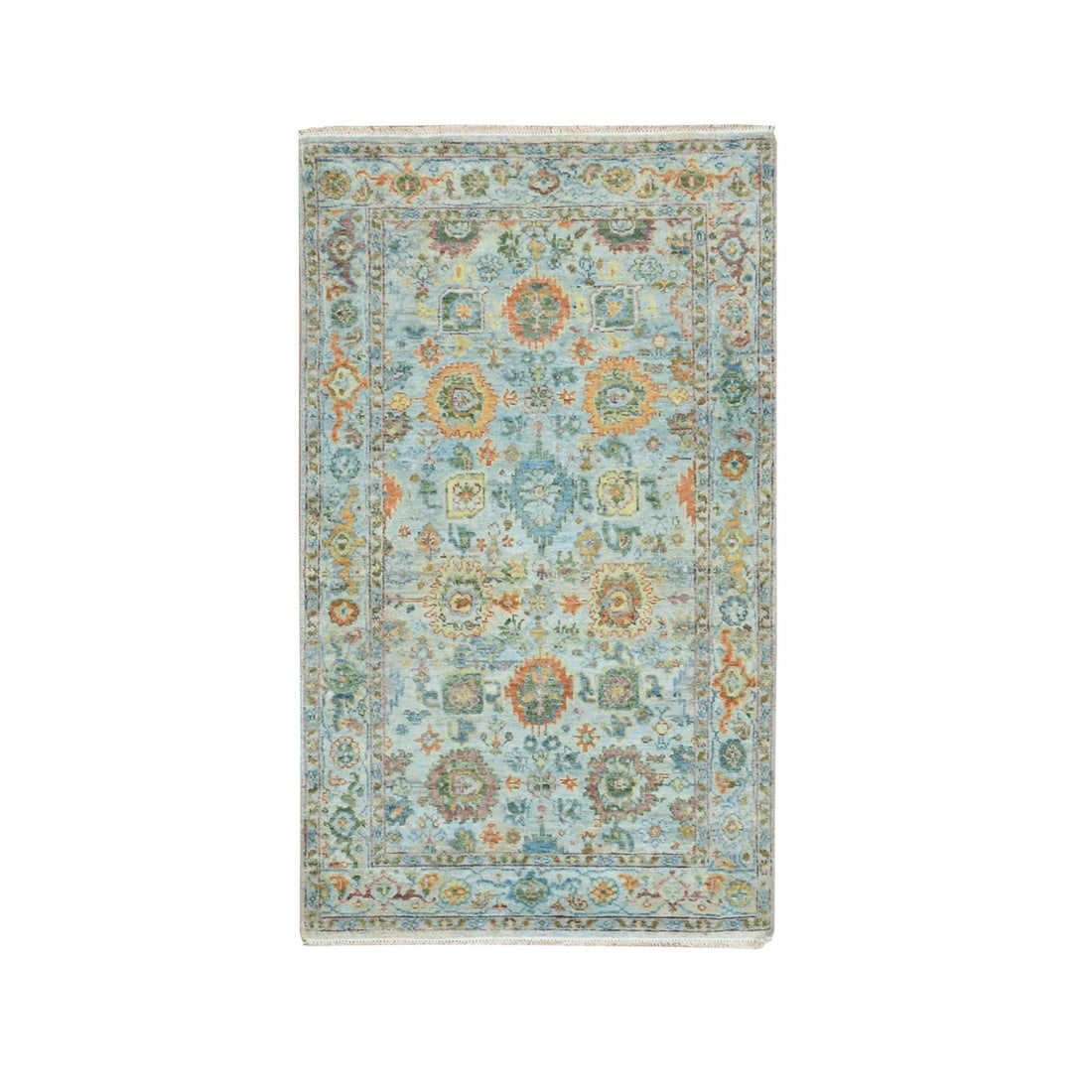 3'x5' Blue Orange Leafs Sultanabad Reimagined Hand Knotted Pure Wool: 3'x5' Blue Orange Leafs Sultanabad Reimagined Hand Knotted Pure Wool This stunning Blue Orange Oushak rug boasts an all-over regional design, featuring vibrant orange and green hues amidst a rich blue