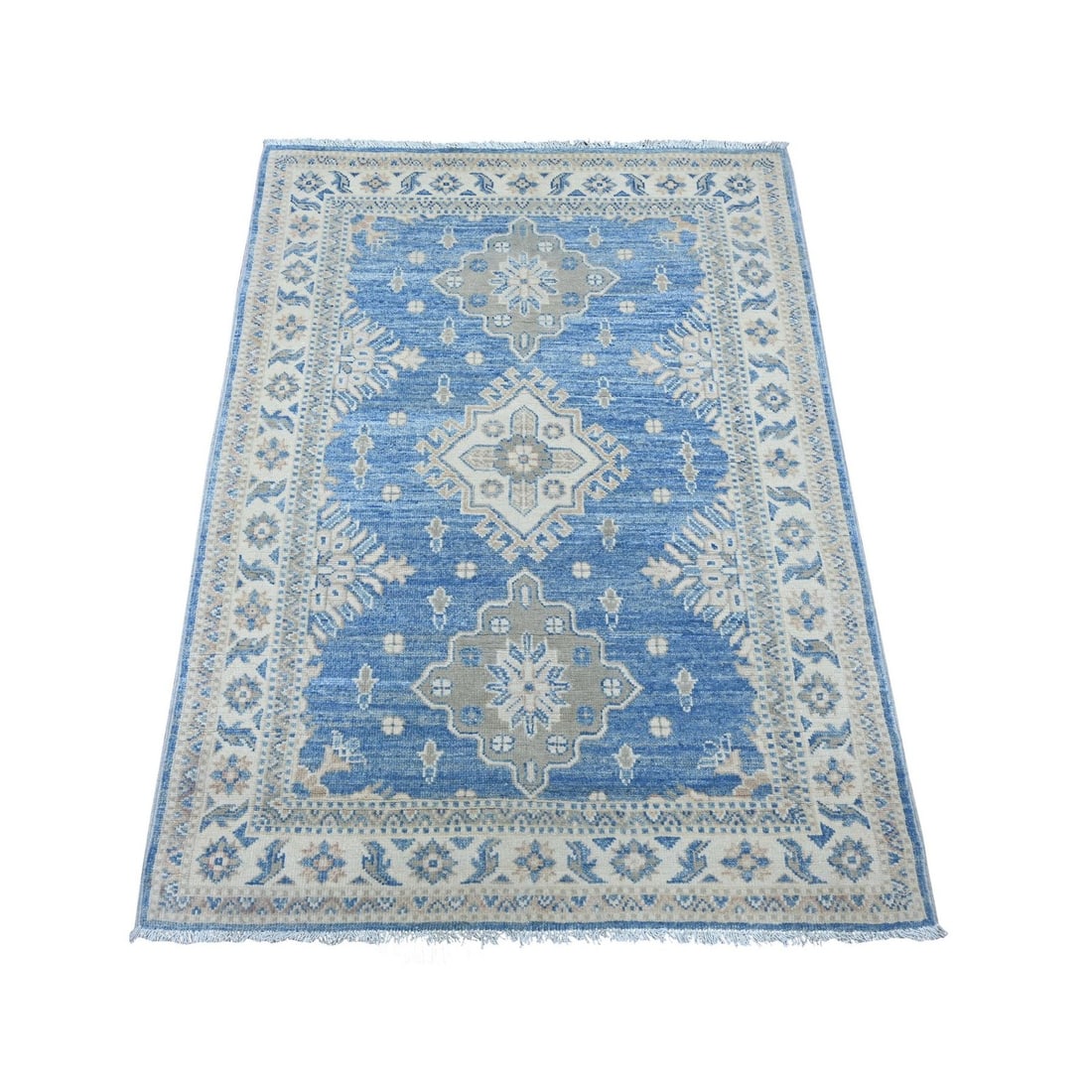 3'4"x4'6" Blue Vintage Look Kazak Geometric Medallions Hand Knotted Wool: 3'4"x4'6" Blue Vintage Look Kazak Geometric Medallions Hand Knotted Wool The Blue Vintage Look Kazak Geometric Medallions Hand Knotted Wool rug boasts an eye-catching rectangular field with a striking