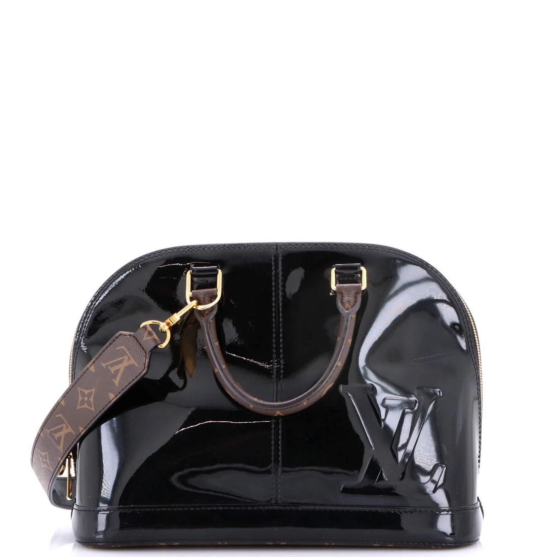 Louis Vuitton Alma PM Vernis Monogram Handbag: Louis Vuitton Alma PM Vernis Monogram Handbag Black Louis Vuitton Alma PM Vernis Monogram Handbag with canvas coated patent leather exterior and gold hardware, featuring a classic satchel design. Meas