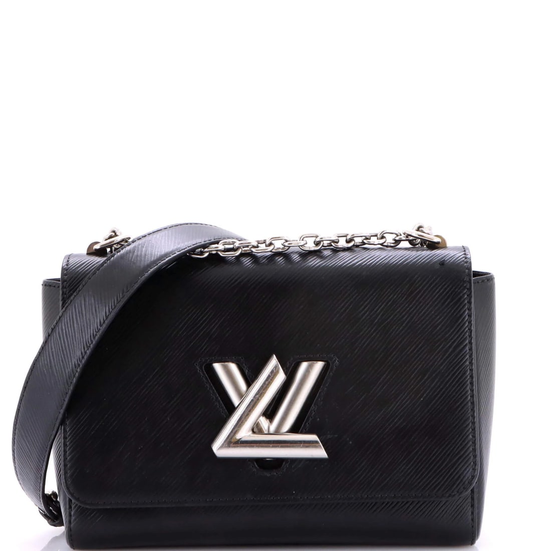 Epi Leather MM Louis Twist Vuitton Handbag: Epi Leather MM Louis Twist Vuitton Handbag Black Epi Leather Louis Vuitton Twist Handbag with Silver Hardware, featuring minor creases on handles and straps, and scuffs on exterior. Measuring Mm in si